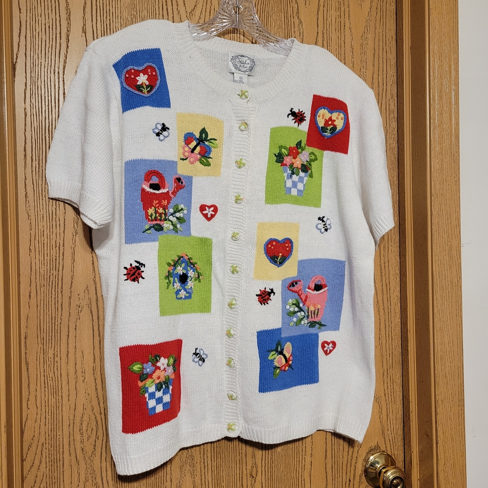Vtg Stitches Colorful Square Patterned Knitted Button Down Blouse  Size 1X